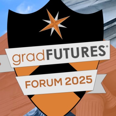 Badge reading GradFUTURES Forum 2025 in black and orange